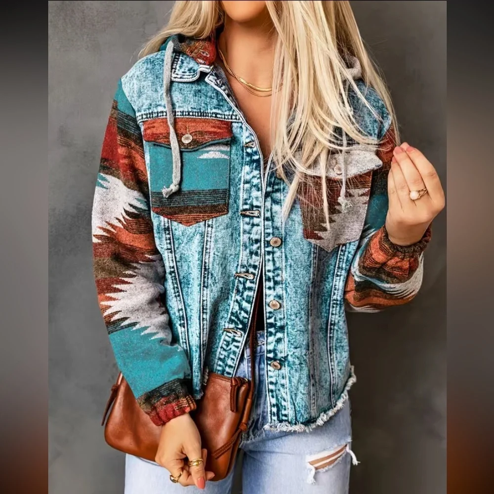 Boho Style Hooded Denim Jacket